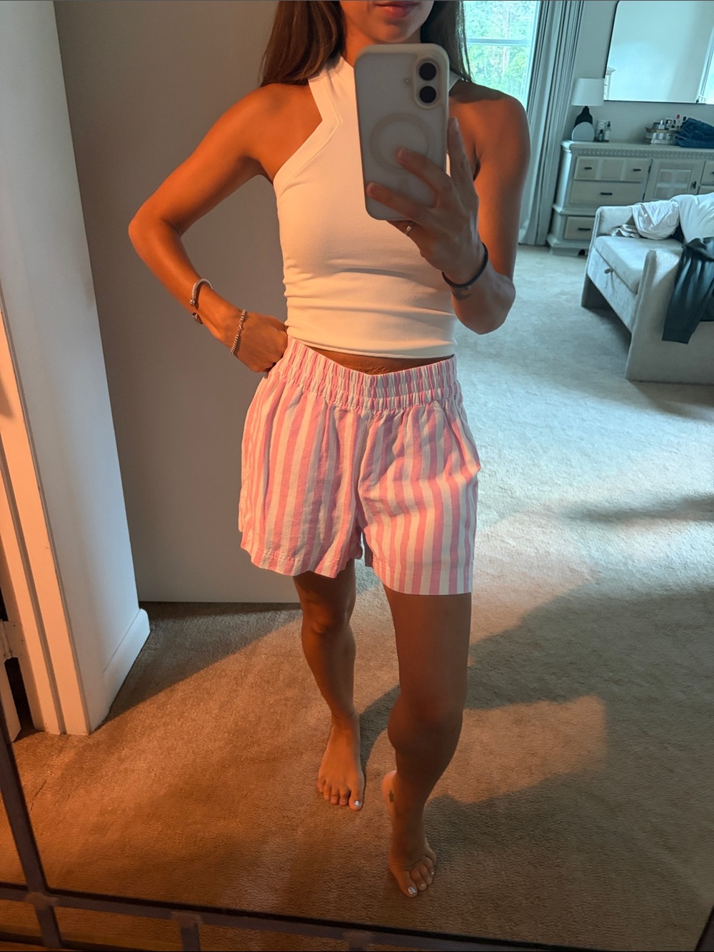 Old Navy Pink and White Striped Women’s Elastic-Waist Shorts